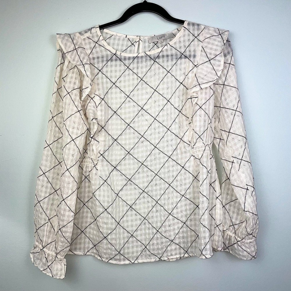 Ann Taylor LOFT Ruffle Black White Windowpane Long Sleeve Sheer Blouse Women's S